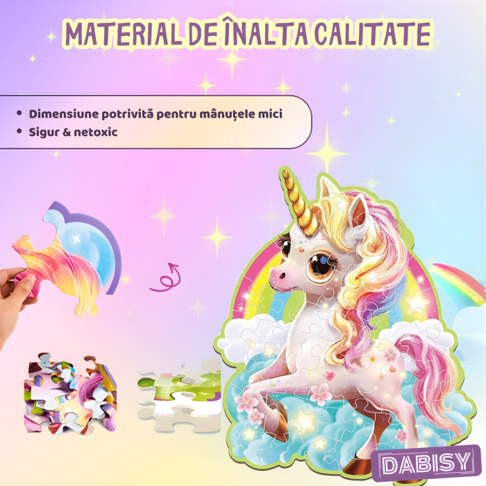 Puzzle gigant 45 piese cu glitter, model si forma UNICORN, joc educativ,carton gros, lucios, sclipicios, cutie roz, 70x95 cm, 3-6 ani [6]