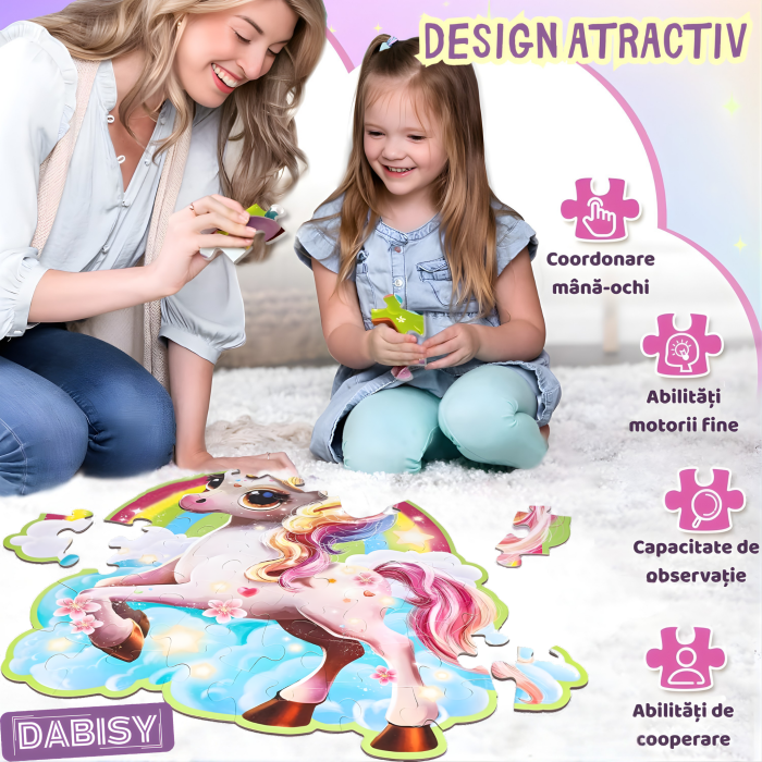 Puzzle gigant 45 piese cu glitter, model si forma UNICORN, joc educativ,carton gros, lucios, sclipicios, cutie roz, 70x95 cm, 3-6 ani [7]