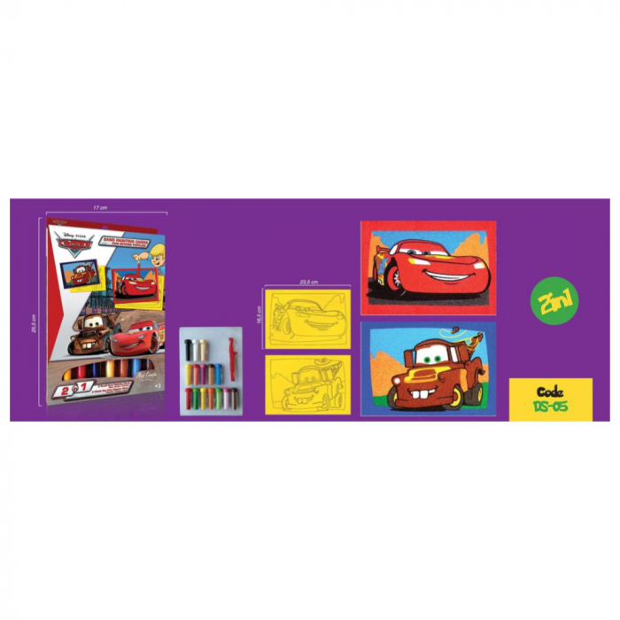Cars Fulger McQueen & Bucsa de colorat, Disney, Set creativ pictura cu nisip colorat, 2 planse 16,5 x 23,5 cm, 15 tuburi nisip multicolor, 1 penseta, 2 folii protectie, + 3 ani [3]