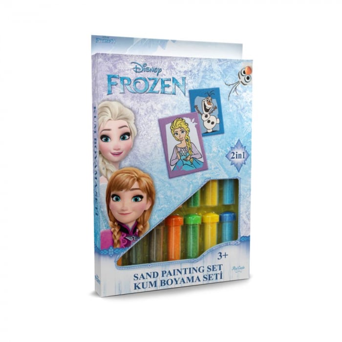 Olaf & Elsa de colorat, Frozen, Disney, Set creativ pictura cu nisip colorat, 2 planse 16,5 x 23,5 cm, 15 tuburi nisip multicolor, 1 penseta, 2 folii protectie, + 3 ani [1]