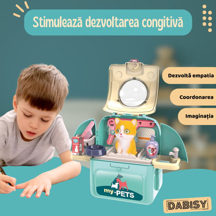 Set de joaca 2 in 1, DABISY, Ghiozdan portabil cu accesorii veterinare, educativ, turcuaz cu alb, 25x23x10cm [6]
