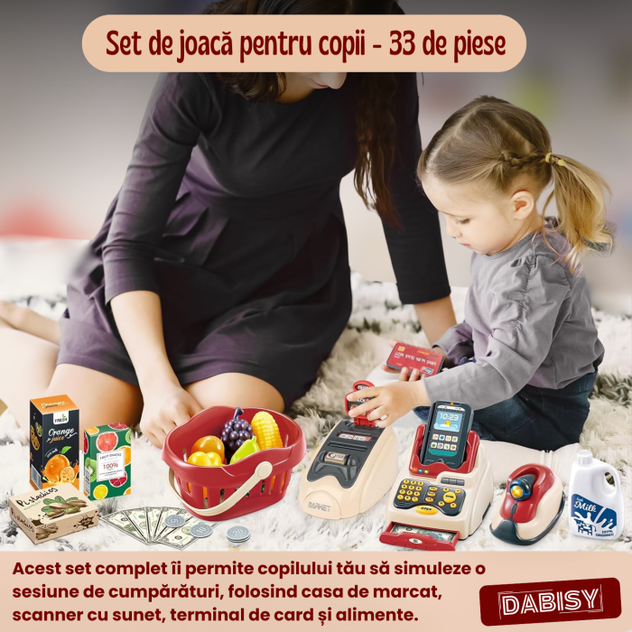 Set de joaca 3 in 1 MAGAZIN pentru copii, DABISY, varsta 3-12 ani, CASA DE MARCAT interactiva, SCANNER cu sunete si lumini, terminal CARD, 33 piese, multicolor [2]