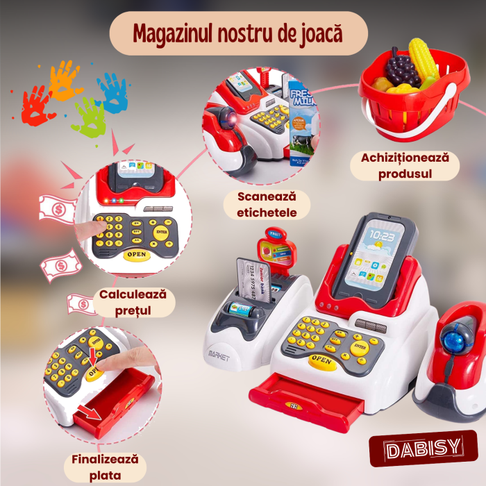 Set de joaca 3 in 1 MAGAZIN pentru copii, DABISY, varsta 3-12 ani, CASA DE MARCAT interactiva, SCANNER cu sunete si lumini, terminal CARD, 33 piese, multicolor [3]