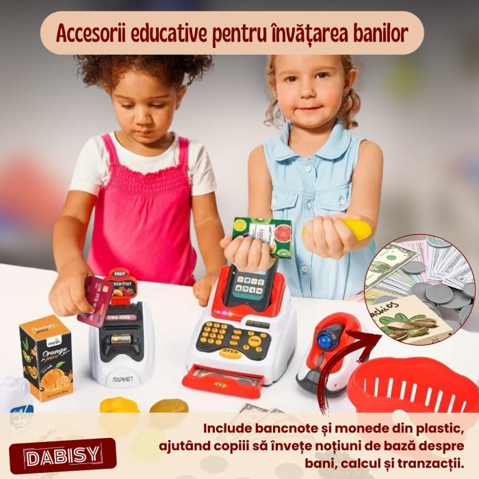 Set de joaca 3 in 1 MAGAZIN pentru copii, DABISY, varsta 3-12 ani, CASA DE MARCAT interactiva, SCANNER cu sunete si lumini, terminal CARD, 33 piese, multicolor [6]