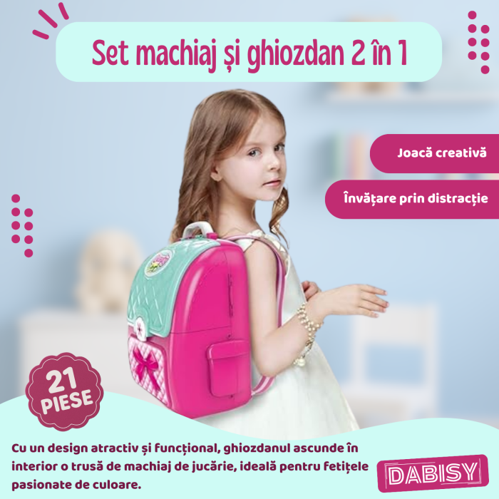 Set de joaca BEAUTY copii si ghiozdan 2 in 1, DABISY, ghiozdan portabil cu accesorii cosmetice de jucarie, educativ, multifunctional, 3+ ani, roz cu turcuaz [2]