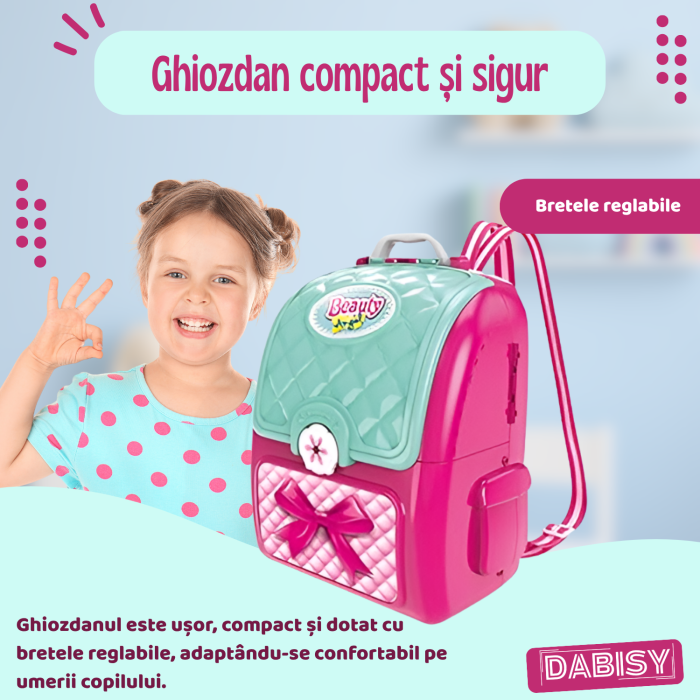 Set de joaca BEAUTY copii si ghiozdan 2 in 1, DABISY, ghiozdan portabil cu accesorii cosmetice de jucarie, educativ, multifunctional, 3+ ani, roz cu turcuaz [4]