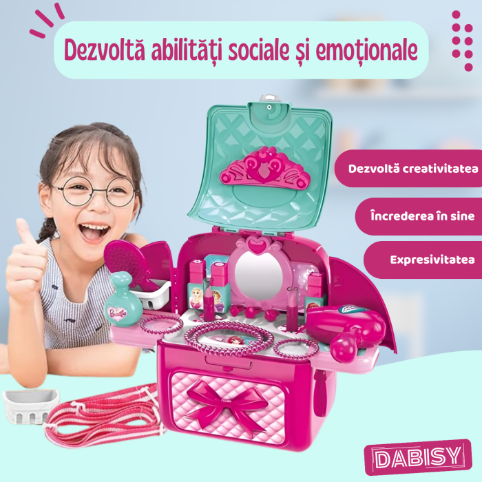 Set de joaca BEAUTY copii si ghiozdan 2 in 1, DABISY, ghiozdan portabil cu accesorii cosmetice de jucarie, educativ, multifunctional, 3+ ani, roz cu turcuaz [6]
