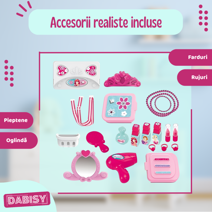 Set de joaca BEAUTY copii si ghiozdan 2 in 1, DABISY, ghiozdan portabil cu accesorii cosmetice de jucarie, educativ, multifunctional, 3+ ani, roz cu turcuaz [5]