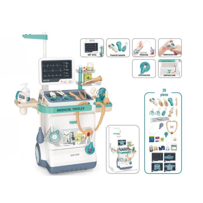 Set de Joaca Carucior Medical Mobil pentru copii, DABISY, 26 accesorii, cu sunete si lumini, Stetoscop, Ecran cu raze x, ECG, Termometru electronic, Tensiometru, Seringa, Radiografii, alb [1]