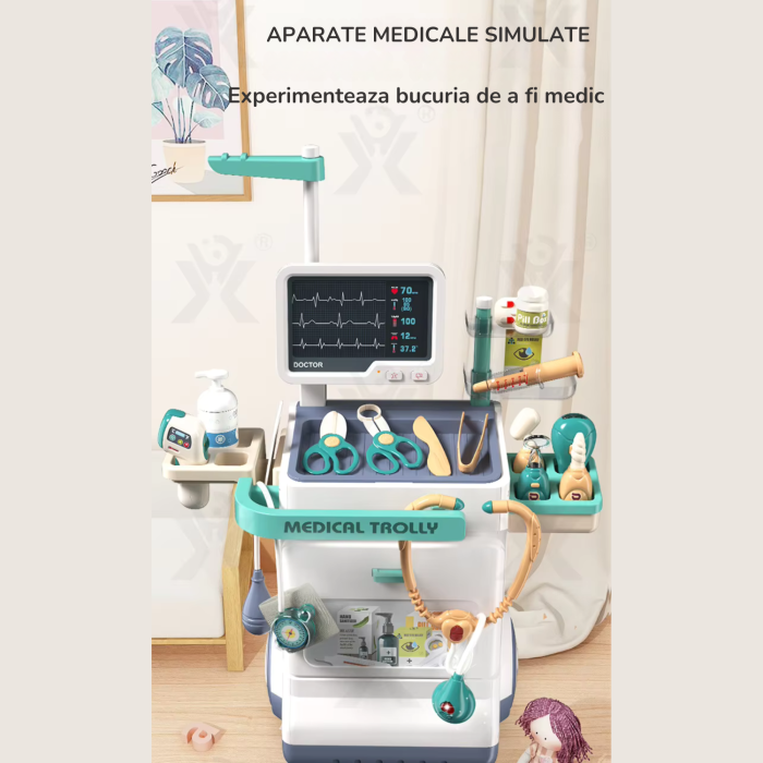 Set de Joaca Carucior Medical Mobil pentru copii, DABISY, 26 accesorii, cu sunete si lumini, Stetoscop, Ecran cu raze x, ECG, Termometru electronic, Tensiometru, Seringa, Radiografii, alb [4]