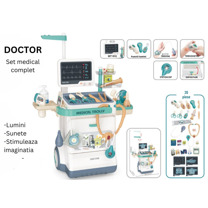 Set de Joaca Carucior Medical Mobil pentru copii, DABISY, 26 accesorii, cu sunete si lumini, Stetoscop, Ecran cu raze x, ECG, Termometru electronic, Tensiometru, Seringa, Radiografii, alb [2]