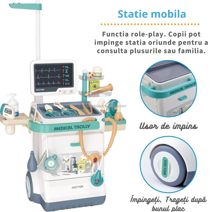 Set de Joaca Carucior Medical Mobil pentru copii, DABISY, 26 accesorii, cu sunete si lumini, Stetoscop, Ecran cu raze x, ECG, Termometru electronic, Tensiometru, Seringa, Radiografii, alb [3]