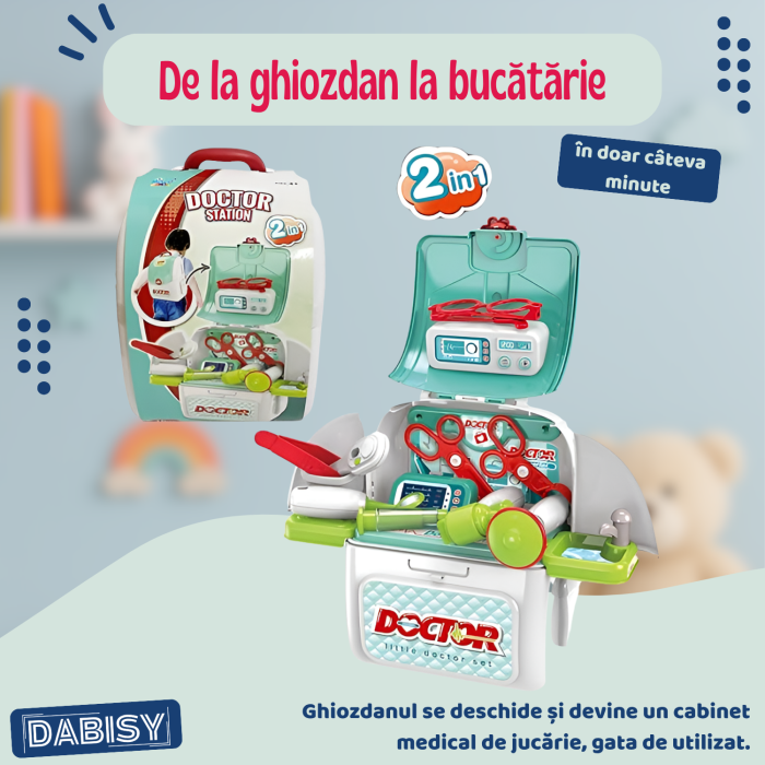 Set de joaca DOCTOR 2 in 1 cu ghiozdan, DABISY, accesorii medicale, turcuaz cu alb, 25x23x10cm [7]