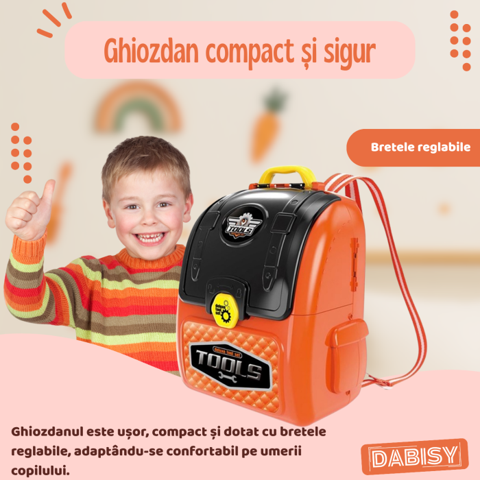 Set de joaca Trusa unelte pentru copii si ghiozdan 2 in 1, DABISY, ghiozdan portabil cu unelte de jucarie, educativ, multifunctional, 3+ ani, portocaliu cu negru [4]
