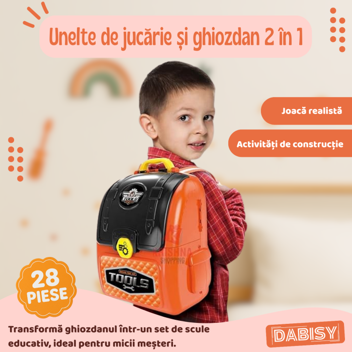 Set de joaca Trusa unelte pentru copii si ghiozdan 2 in 1, DABISY, ghiozdan portabil cu unelte de jucarie, educativ, multifunctional, 3+ ani, portocaliu cu negru [2]