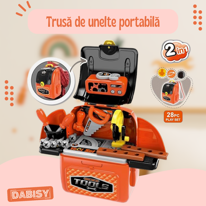 Set de joaca Trusa unelte pentru copii si ghiozdan 2 in 1, DABISY, ghiozdan portabil cu unelte de jucarie, educativ, multifunctional, 3+ ani, portocaliu cu negru [3]