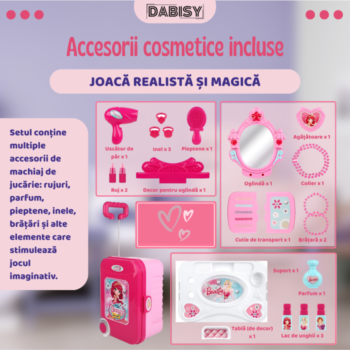 Set de machiaj copii 3 in 1, Dabisy, model interactiv cu oglinda luminata, 3+ ani, valiza muzica si accesorii, masa extensibila, portabila, roz [6]