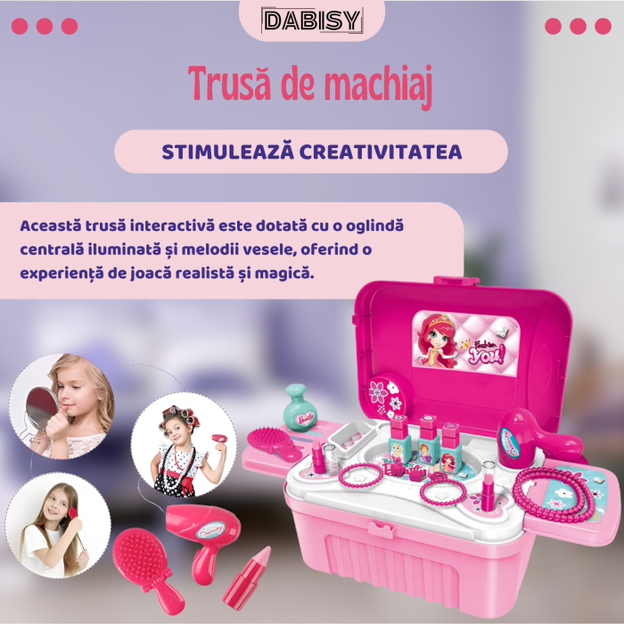 Set de machiaj copii 3 in 1, Dabisy, model interactiv cu oglinda luminata, 3+ ani, valiza muzica si accesorii, masa extensibila, portabila, roz [3]