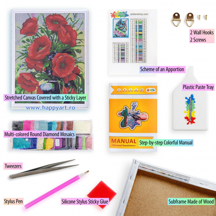Set Goblen cu diamante, cu sasiu, Buchet de Maci, 40x50 cm, 27 culori [5]