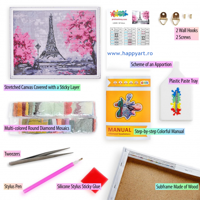 Set Goblen cu diamante, cu sasiu, Turnul Eiffel Inflorit, 40x50 cm, 15 culori [5]