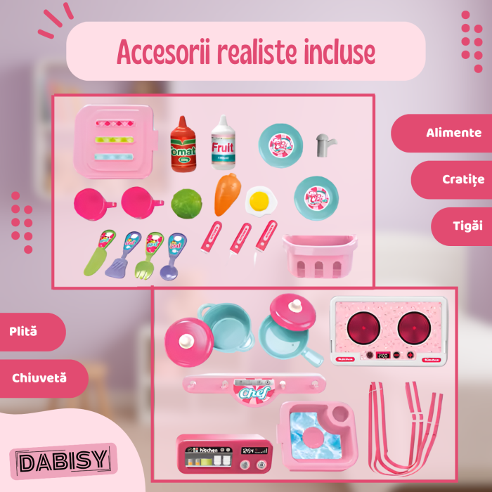 Set joaca Bucatarie pentru copii si ghiozdan 2 in 1, DABISY, accesorii gatit incluse, educativ, portabil, stimuleaza imaginatia, dezvoltarea limbajului si coordonarea, 3+ ani, roz [5]