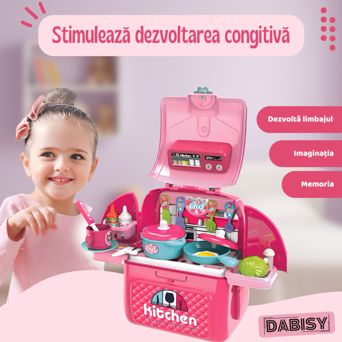 Set joaca Bucatarie pentru copii si ghiozdan 2 in 1, DABISY, accesorii gatit incluse, educativ, portabil, stimuleaza imaginatia, dezvoltarea limbajului si coordonarea, 3+ ani, roz [6]
