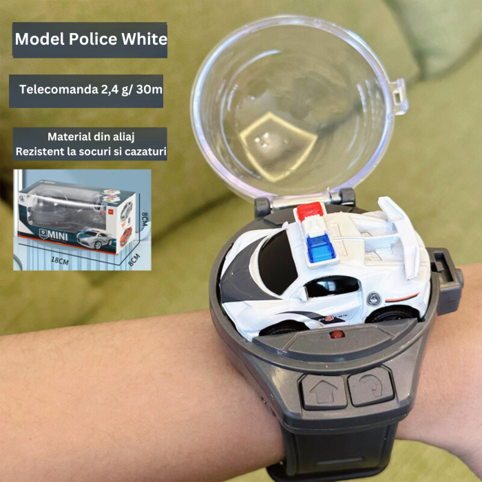 Set masinuta de jucarie cu telecomanda ceas, USB inclus, semnale lumioase, 2.4 Ghz, scara 1:64, model POLICE CAR, baterie reincarcabila, rezistenta si durabila, surubelnita, baterie AAA, alb [2]