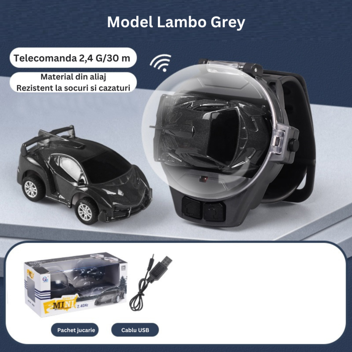Set masinuta de jucarie cu telecomanda ceas, USB inclus, semnale luminoase, 2.4 Ghz, scara 1:64, model LAMBO, baterie reincarcabila, rezistenta si durabila, baterie AAA, gri [2]
