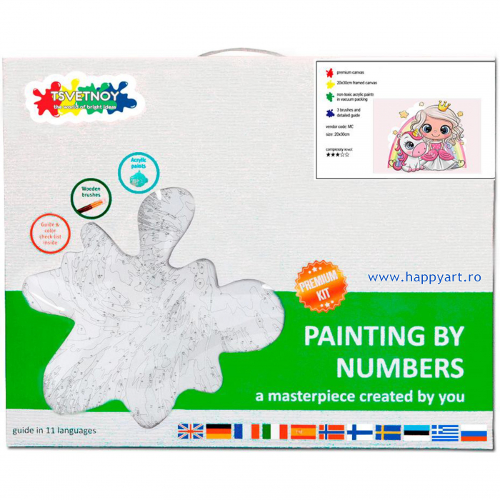 Set pictura pe numere, cu sasiu, Mica Printesa cu Unicornul, 20x30 cm, 19 culori [4]