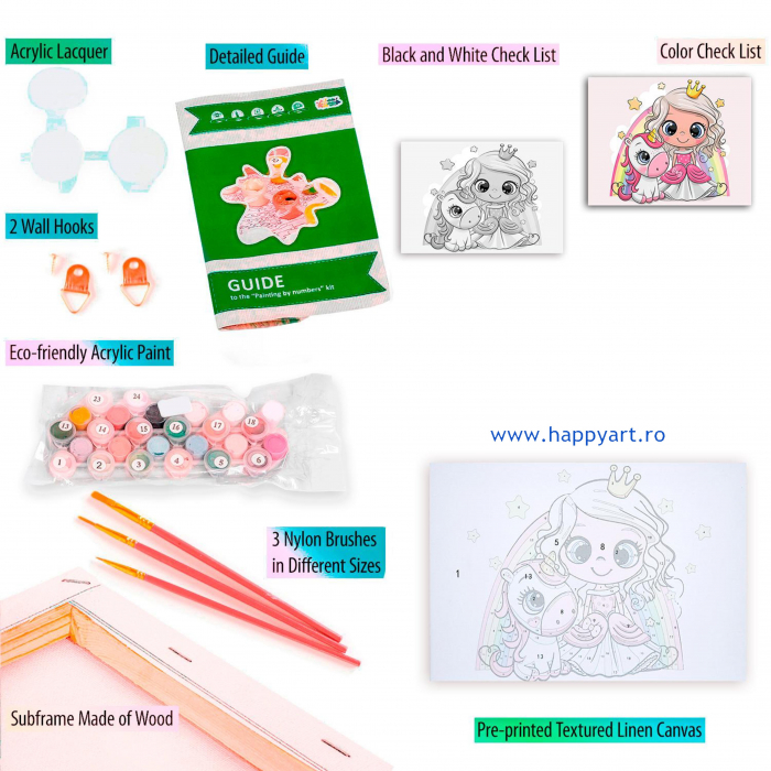 Set pictura pe numere, cu sasiu, Mica Printesa cu Unicornul, 20x30 cm, 19 culori [6]