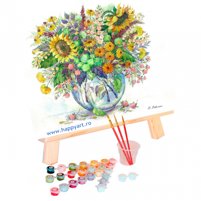 Set pictura pe numere, cu sasiu, Floarea Soarelui in Vaza, 40x50 cm, 24 culori [2]
