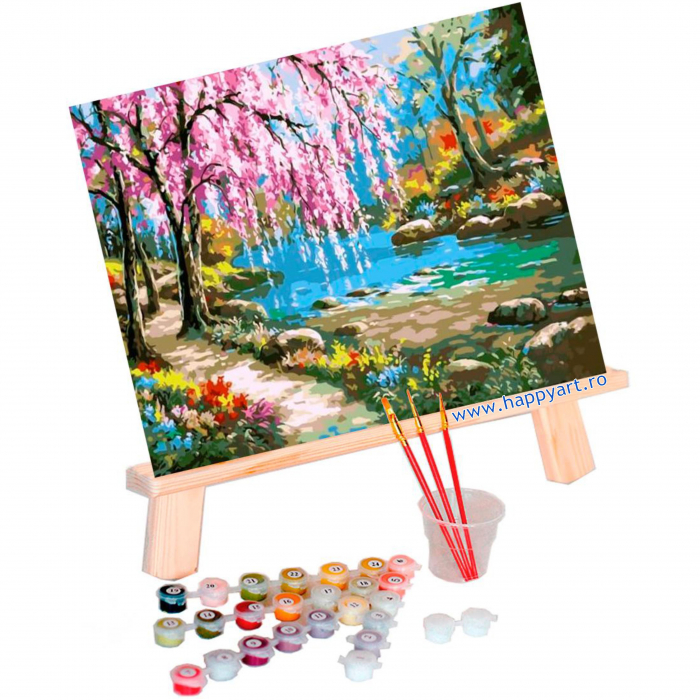 Set pictura pe numere, cu sasiu, Sakura langa Rau, 40x50 cm, 24 culori [2]