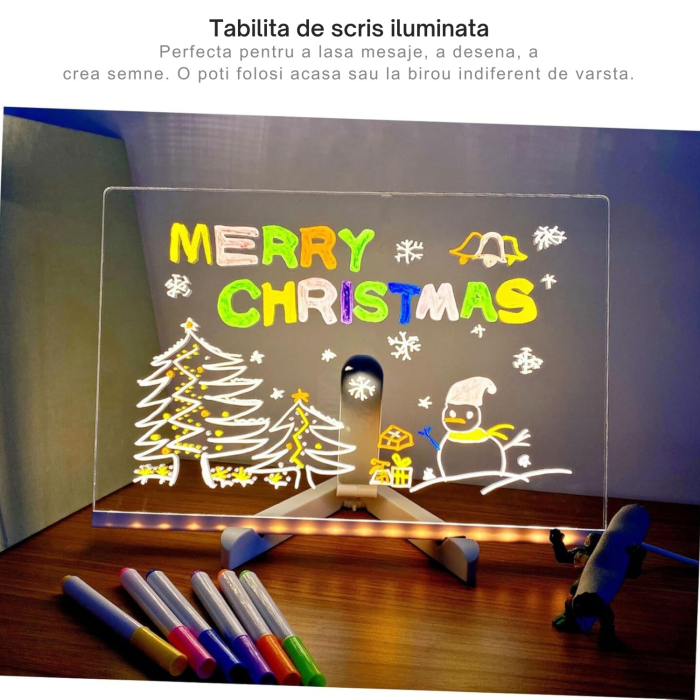 Set Tablita de Scris din Acril, DABISY, cu lumina LED, Memo Board Transparent pentru Birou, Notite si Mesaje, 20X30 cm, 7 Carioci Colorate Incluse, Design Portabil si Modern, Ideal pentru Organizare s [2]