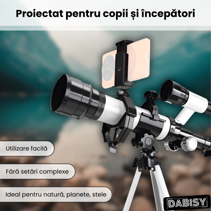 Telescop astronomic cu trepied, DABISY, model C2158A-1, distanta focala 360 mm, diametru obiectiv 50 mm, mareste 60X, oculare 20x si 60x, suport stabil, adaptor telefon, portabil, focus fix, alb [3]