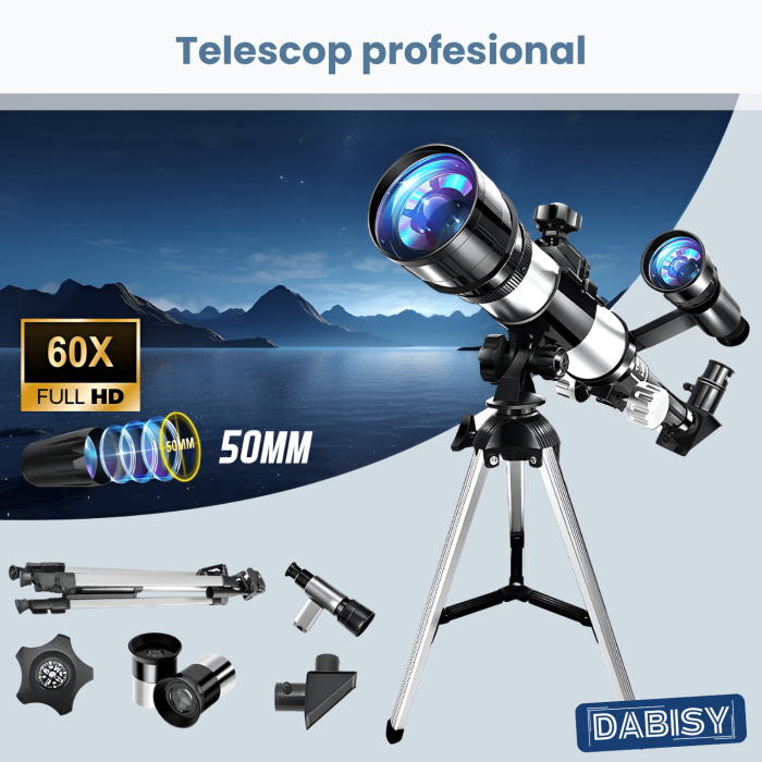 Telescop astronomic refractor, DABISY, model C2158, calibru 50mm, focala 360mm, oculare 20x si 30x, multiplicator 1.5x, tripod reglabil aluminiu, portabil, negru [2]