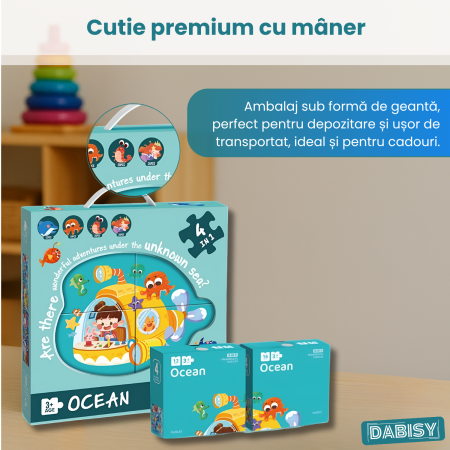 Puzzle copii 4 in 1 OCEAN, 73 piese, DABISY, joc educativ progresiv, 12-16-20-25 piese, carton rezistent, 3+ ani, tematica marina, multicolor [6]