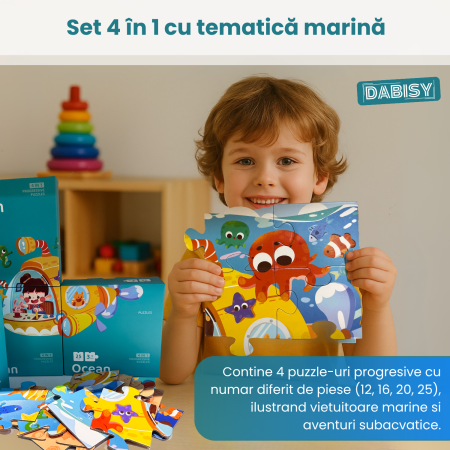 Puzzle copii 4 in 1 OCEAN, 73 piese, DABISY, joc educativ progresiv, 12-16-20-25 piese, carton rezistent, 3+ ani, tematica marina, multicolor [1]