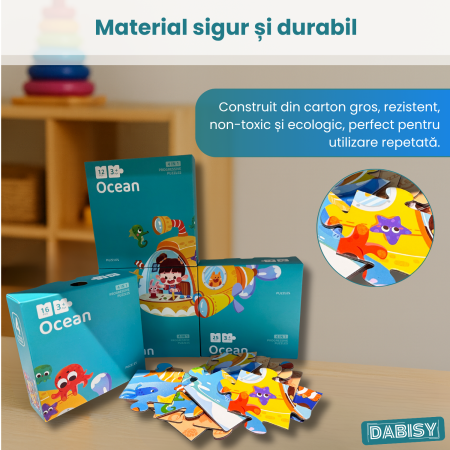 Puzzle copii 4 in 1 OCEAN, 73 piese, DABISY, joc educativ progresiv, 12-16-20-25 piese, carton rezistent, 3+ ani, tematica marina, multicolor [4]