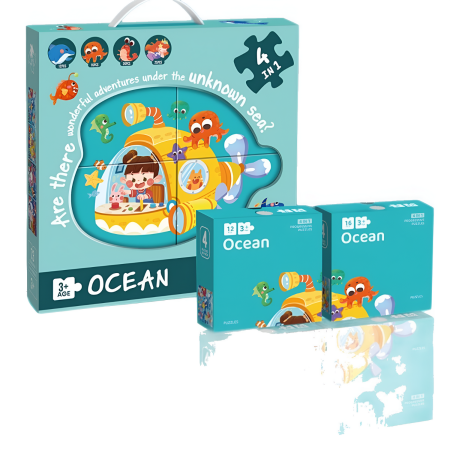 PUZZLE - Puzzle copii 4 in 1 OCEAN, 73 piese, DABISY, joc educativ progresiv, 12-16-20-25 piese, carton rezistent, 3+ ani, tematica marina, multicolor