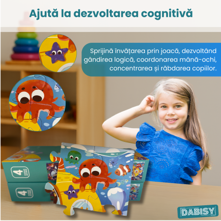 Puzzle copii 4 in 1 OCEAN, 73 piese, DABISY, joc educativ progresiv, 12-16-20-25 piese, carton rezistent, 3+ ani, tematica marina, multicolor [2]