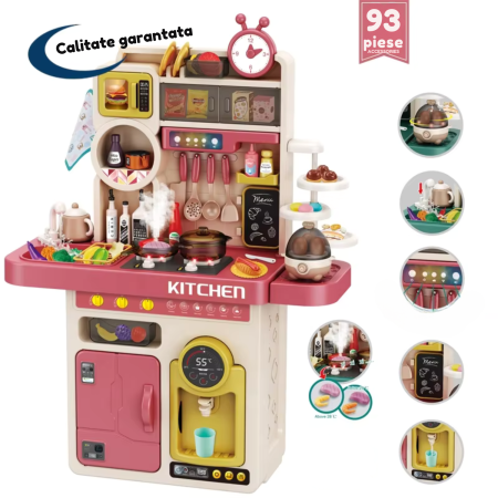 Bucatarie multifunctionala pentru copii, DABISY, 93 de accesorii, lumini si sunete realiste, simulare abur, aragaz, hota, chiuveta, frigider, aparat de fiert oua, dozator apa, mancare de joaca, spatii [1]