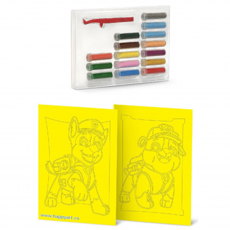 Paw Patrol - RUBBLE & CHASE, Set creativ pictura cu nisip colorat, 2 planse 16,5 x 23,5 cm, 15 tuburi nisip multicolor, 1 penseta, 2 folii, + 3 ani [1]