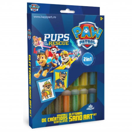Pictura cu nisip colorat - Paw Patrol - RUBBLE & CHASE, Set creativ pictura cu nisip colorat, 2 planse 16,5 x 23,5 cm, 15 tuburi nisip multicolor, 1 penseta, 2 folii, + 3 ani