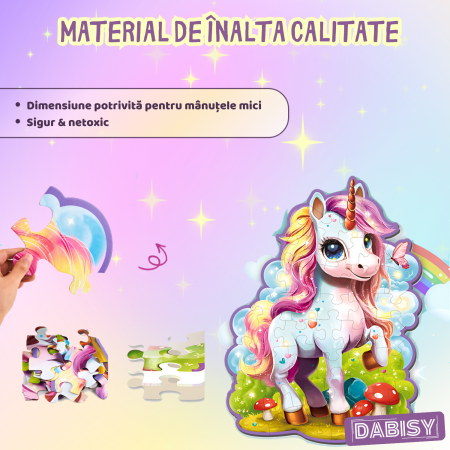 Glitter Puzzle gigant 45 piese cu glitter, DABISY, 70x95 cm, model si forma UNICORN, joc educativ copii 3-6 ani, dezvoltare motricitate, cadou aniversare, carton gros, lucios, sclipicios, multicolor [6]