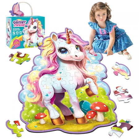 PUZZLE - Glitter Puzzle gigant 45 piese cu glitter, DABISY, 70x95 cm, model si forma UNICORN, joc educativ copii 3-6 ani, dezvoltare motricitate, cadou aniversare, carton gros, lucios, sclipicios, multicolor