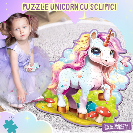 Glitter Puzzle gigant 45 piese cu glitter, DABISY, 70x95 cm, model si forma UNICORN, joc educativ copii 3-6 ani, dezvoltare motricitate, cadou aniversare, carton gros, lucios, sclipicios, multicolor [1]
