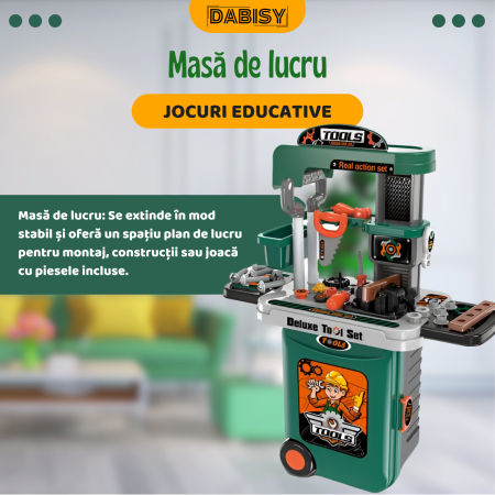 Set valiza cu unelte pentru copii, 3-in-1, Dabisy, model interactiv, valiza si accesorii, masa extensibila, portabila, 3+ ani, culoare verde gri [4]