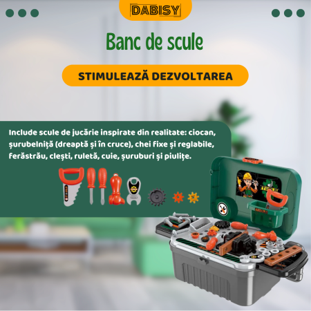 Set valiza cu unelte pentru copii, 3-in-1, Dabisy, model interactiv, valiza si accesorii, masa extensibila, portabila, 3+ ani, culoare verde gri [2]