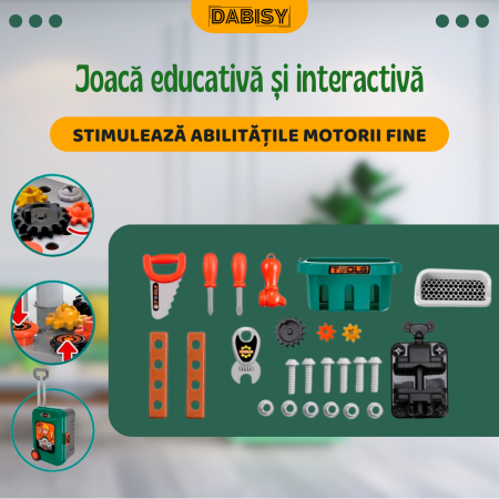 Set valiza cu unelte pentru copii, 3-in-1, Dabisy, model interactiv, valiza si accesorii, masa extensibila, portabila, 3+ ani, culoare verde gri [6]
