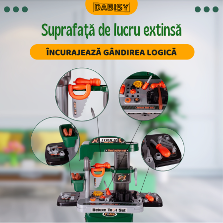 Set valiza cu unelte pentru copii, 3-in-1, Dabisy, model interactiv, valiza si accesorii, masa extensibila, portabila, 3+ ani, culoare verde gri [5]